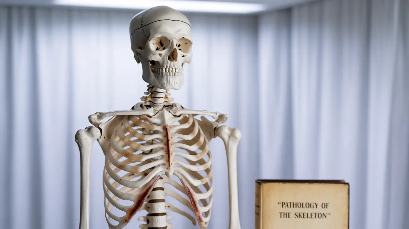 Detailed illustration depicting a human skeleton with highlighted areas of bone tuberculosis infection, set against a clinical background.