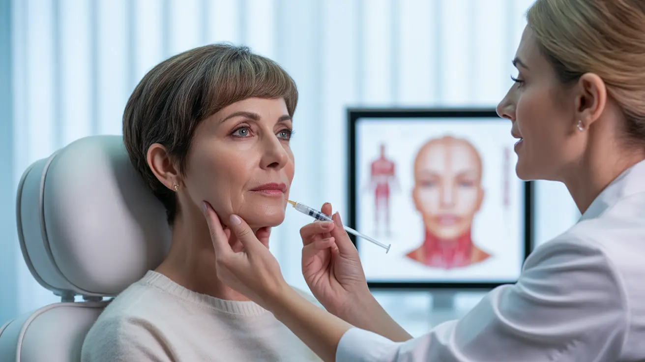 Patient receiving Botox injections in the chin area in a clean modern clinic with healthcare professional
