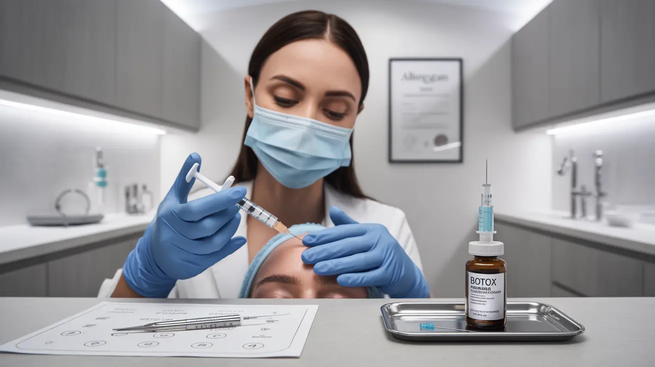 Detailed illustration showing a medical professional administering Botox injections, with legitimate Botox products and safe administration steps in a bright clinical setting.