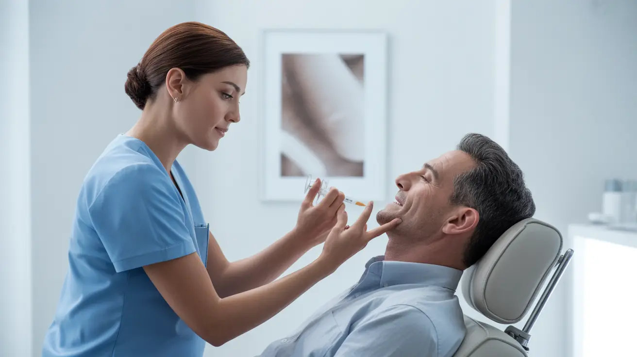 Healthcare professional administering Botox injections into a patient's neck muscles in a clean medical office.