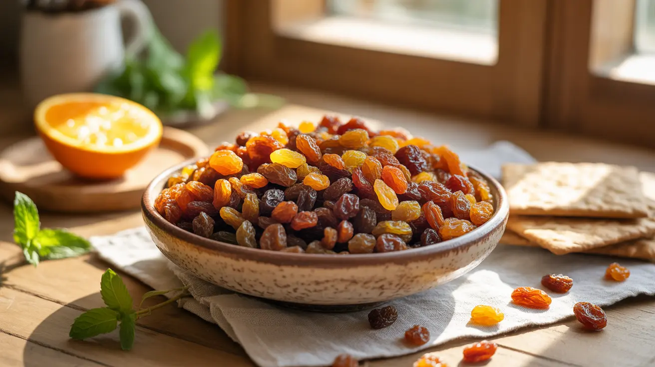 Close-up of a bowl of raisins on a bright kitchen counter, surrounded by fresh fruits and whole grains in warm natural light