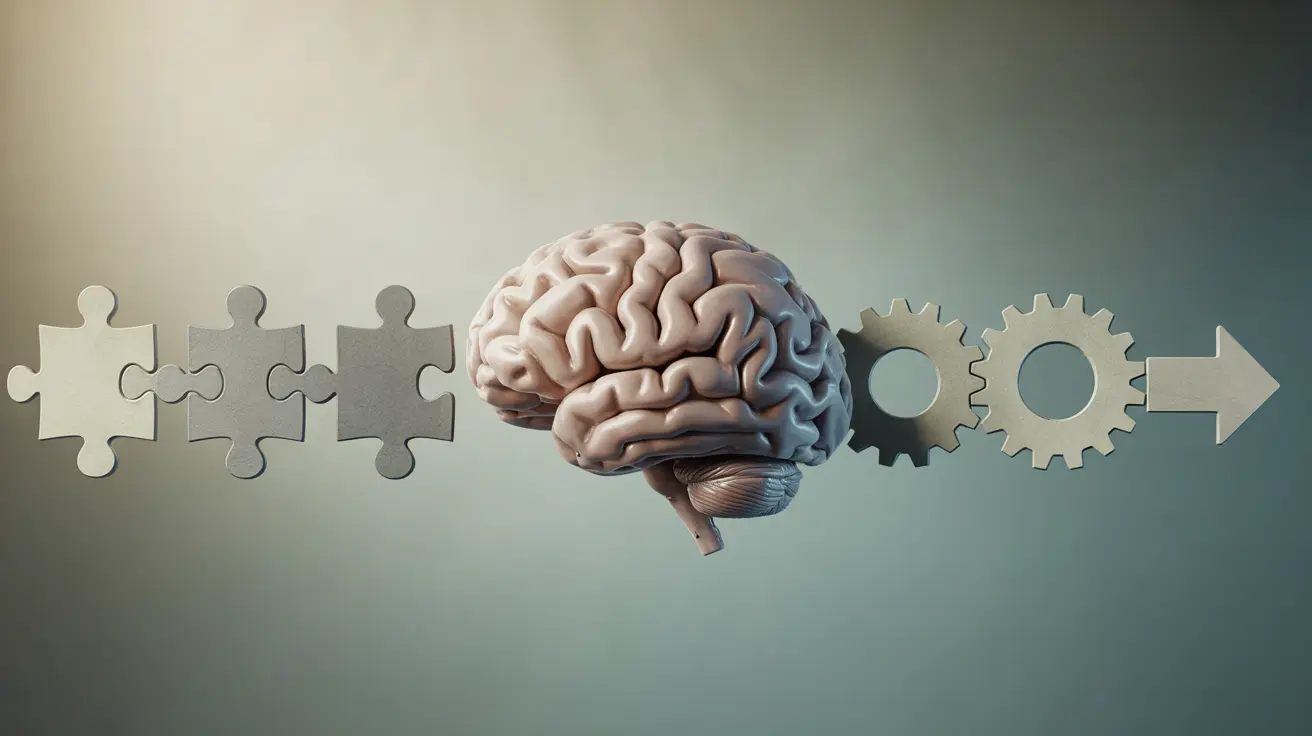 Abstract Concept, symbolic illustration of a brain surrounded by literal objects like puzzle pieces transitioning into abstract symbols like gears and arrows, on a gradient background