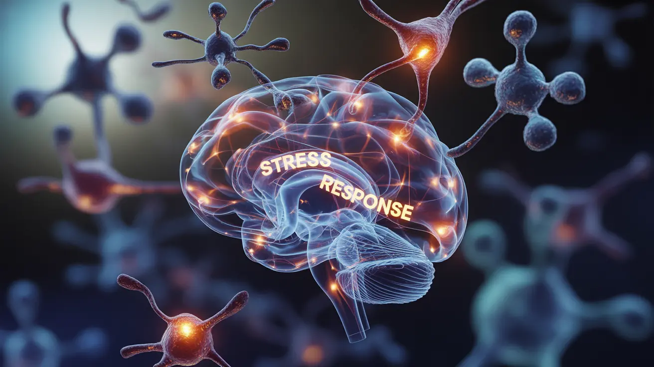 Illustration of brain activity, neural networks, stress hormones like cortisol, neuron pathways, abstract background
