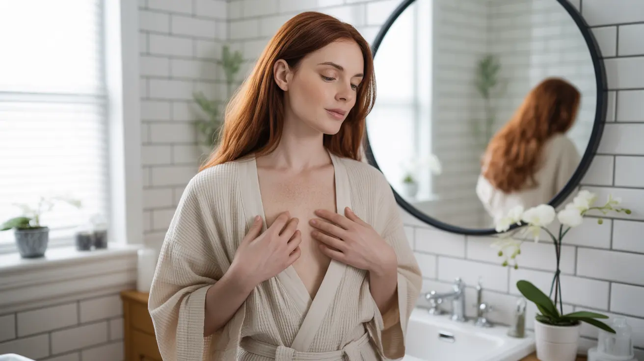 Person examining their reflection in a mirror, contemplating breast asymmetry in a bright bathroom.