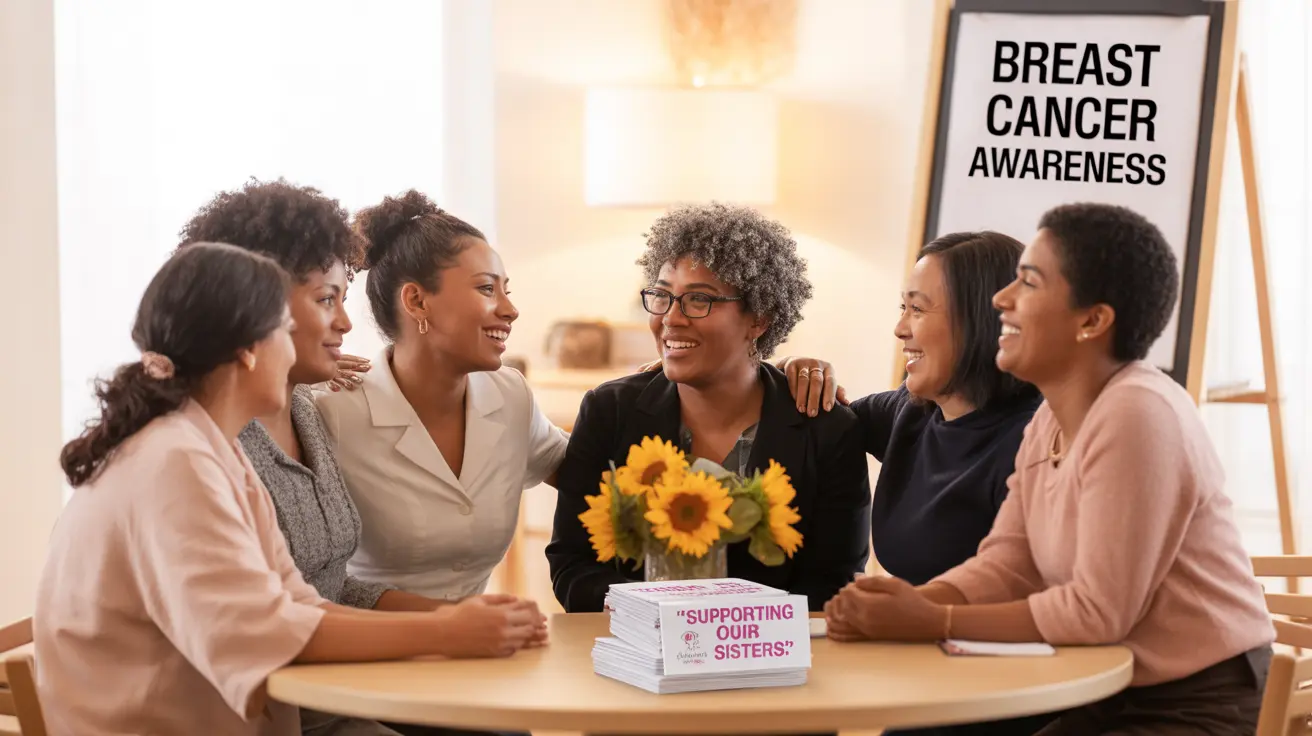 Diverse group of women in a supportive discussion about breast cancer awareness, featuring various ethnic backgrounds and ages, in a calm, empowering setting