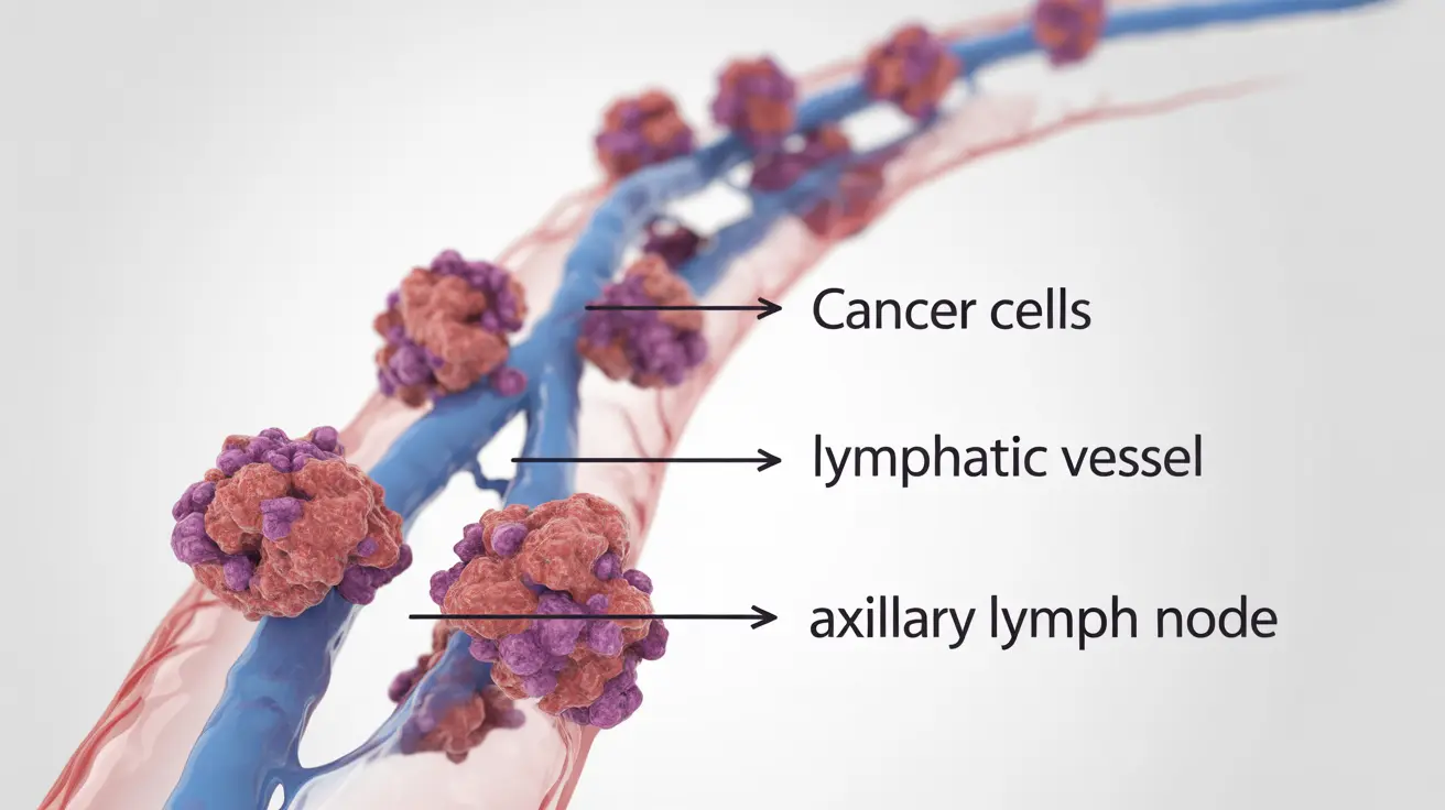 Illustration of breast cancer cells spreading to axillary lymph nodes with labels and a clean white background