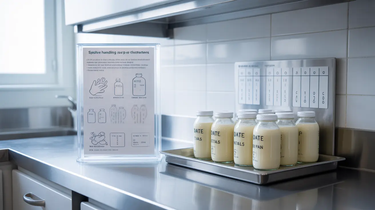 Detailed illustration in a clean clinical kitchen showing proper breast milk storage and handling practices with visual labels indicating safety guidelines.