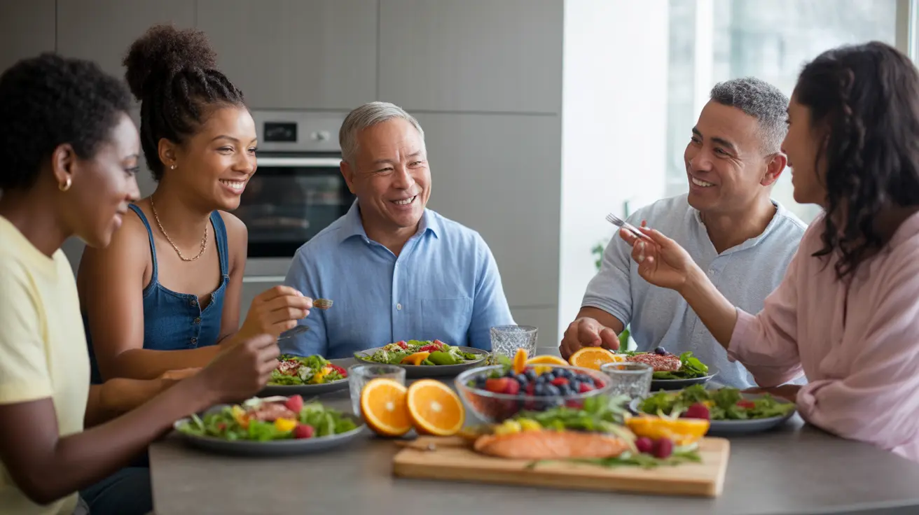 Diverse group of individuals enjoying a meal with colorful fruits and vegetables in a bright kitchen, highlighting fresh produce like oranges, berries, and leafy greens