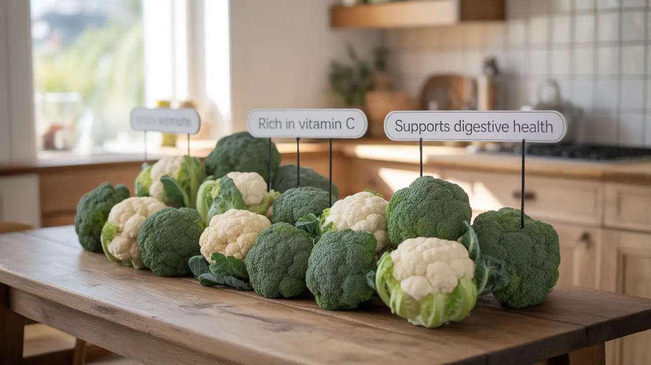 Detailed illustration showcasing fresh broccoli and cauliflower on a dining table, overlaying their nutritional profiles with vibrant labels