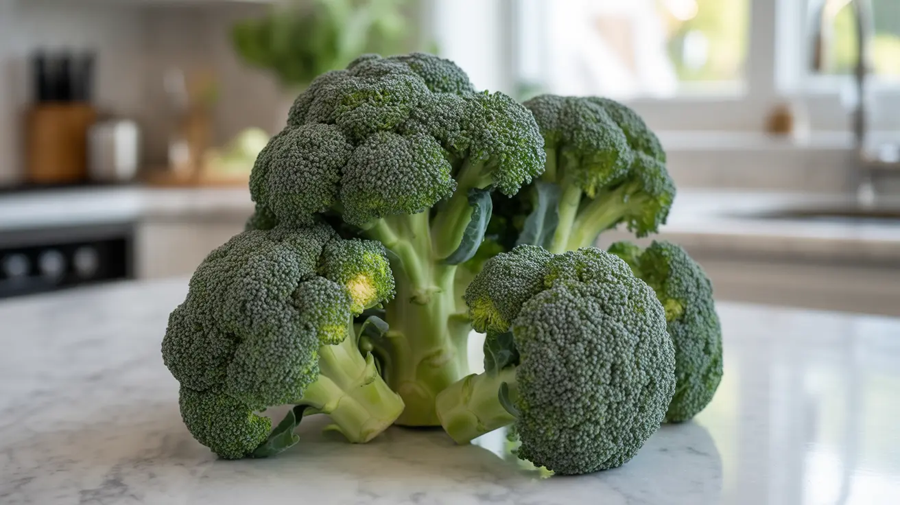 Close-up shot of fresh broccoli florets with vivid green color on a white kitchen counter, bright natural daylight