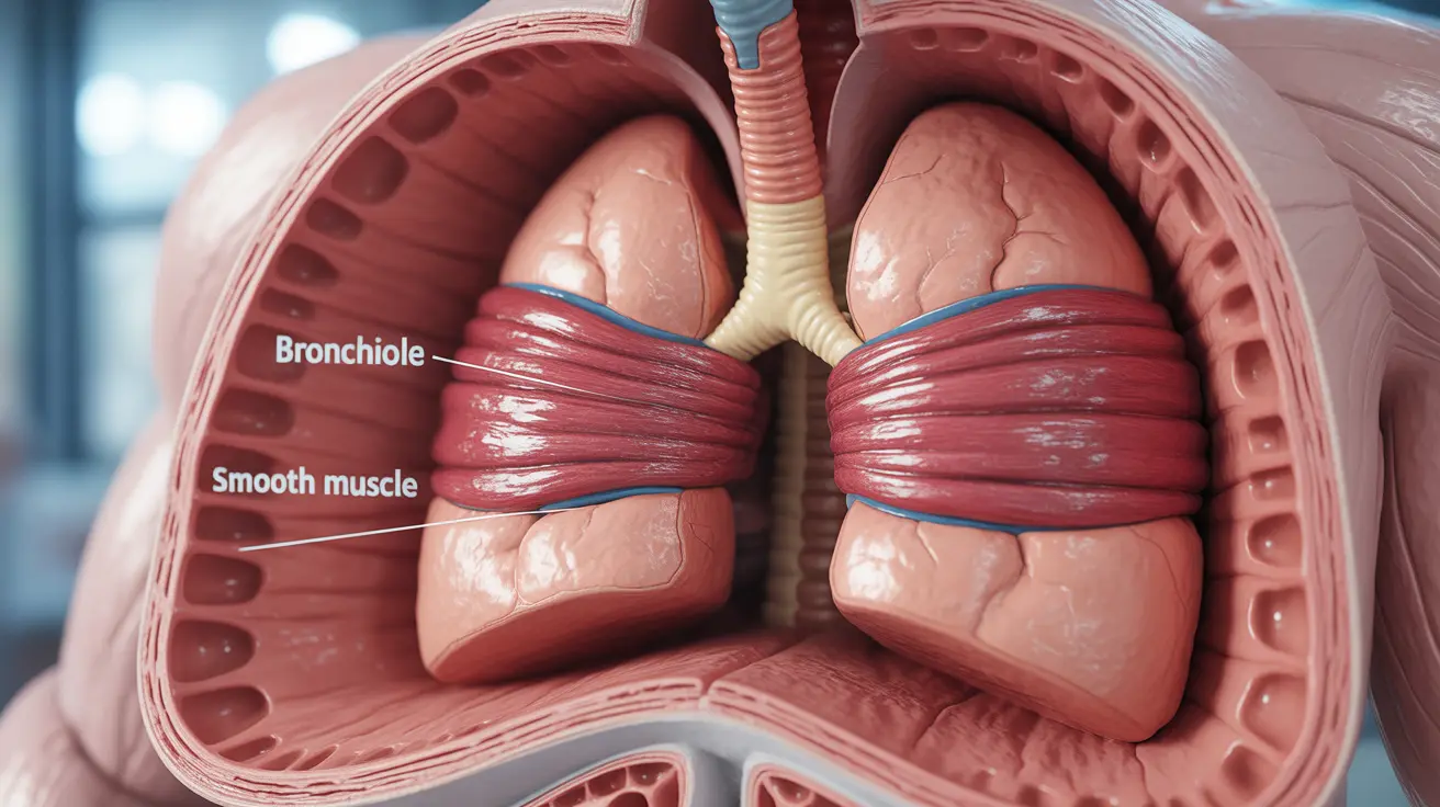 Detailed illustration of human bronchi showing constriction during a bronchial spasm with labeled smooth muscles, educational style