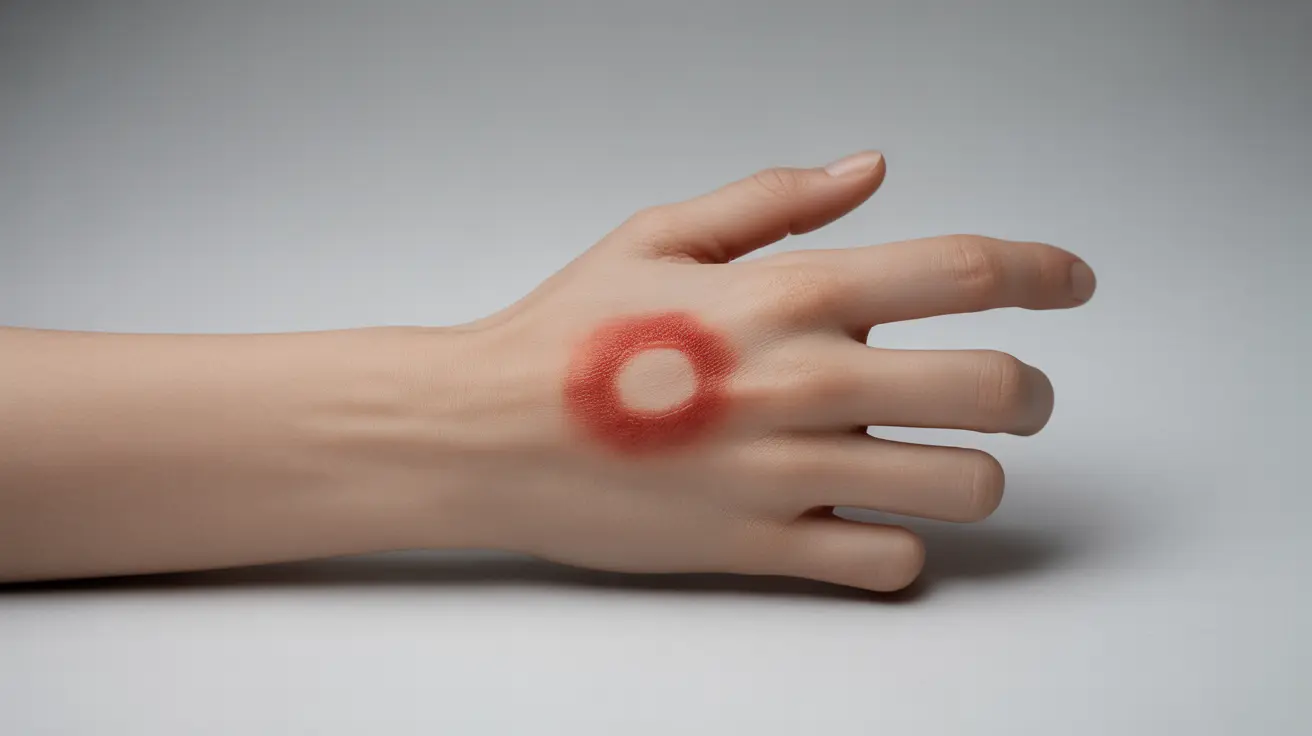 Close-up of hand with brown recluse spider bite featuring red ring and pale center on neutral white background