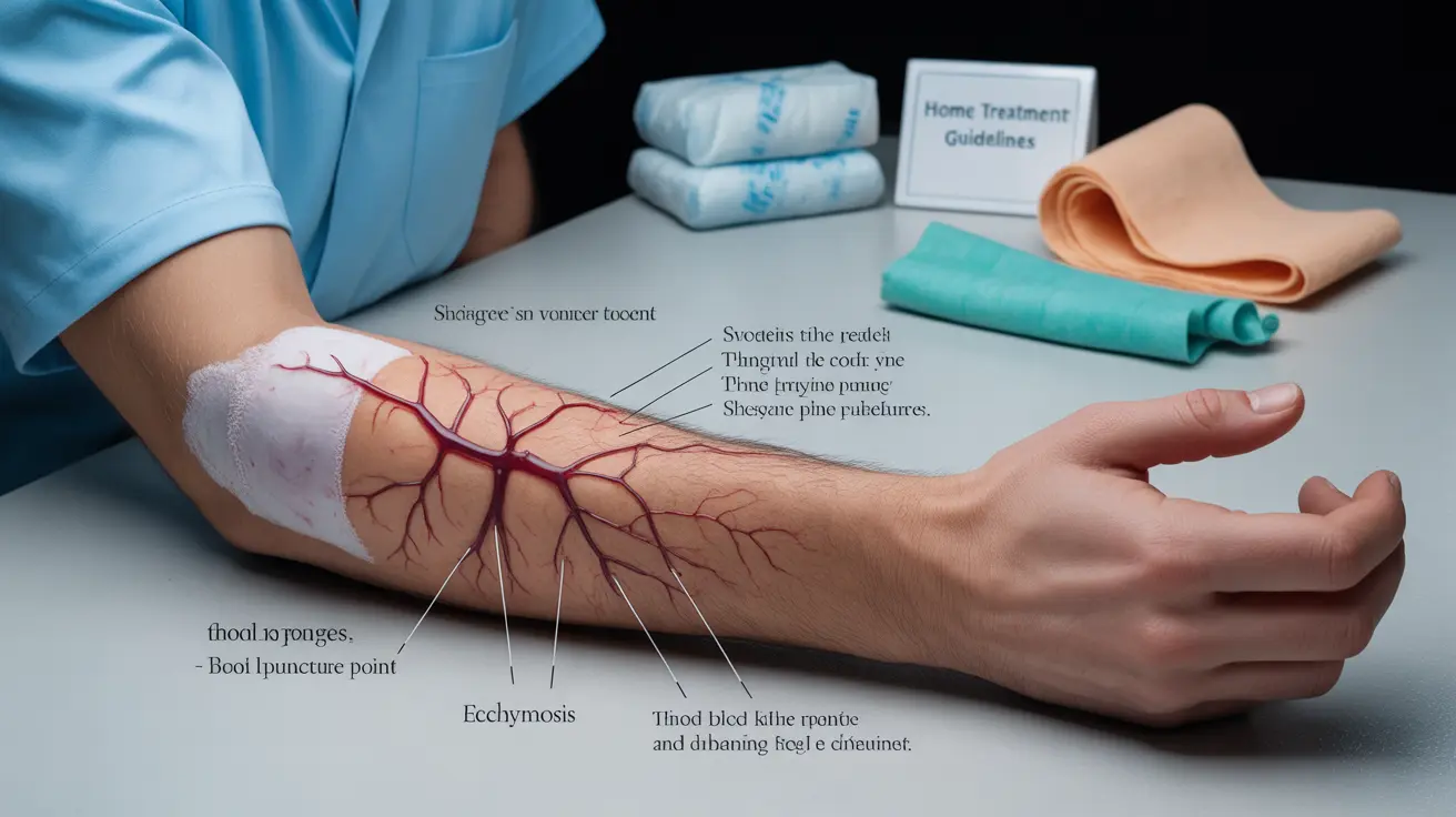 Detailed anatomical illustration of a bruised arm, showing blood draw site, bruising process, and home treatment options in a clinical setting.
