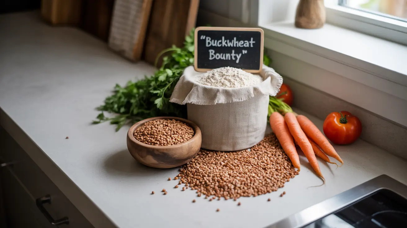 Modern kitchen counter displaying whole buckwheat groats and flour with fresh vegetables and herbs under natural daylight