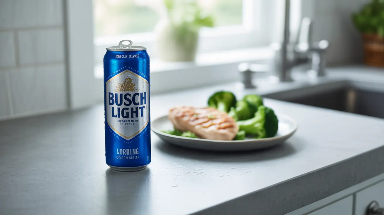 Close-up of a chilled can of Busch Light beer on a neutral kitchen countertop, with a low-carb meal in the background, soft natural daylight highlighting the can's label.