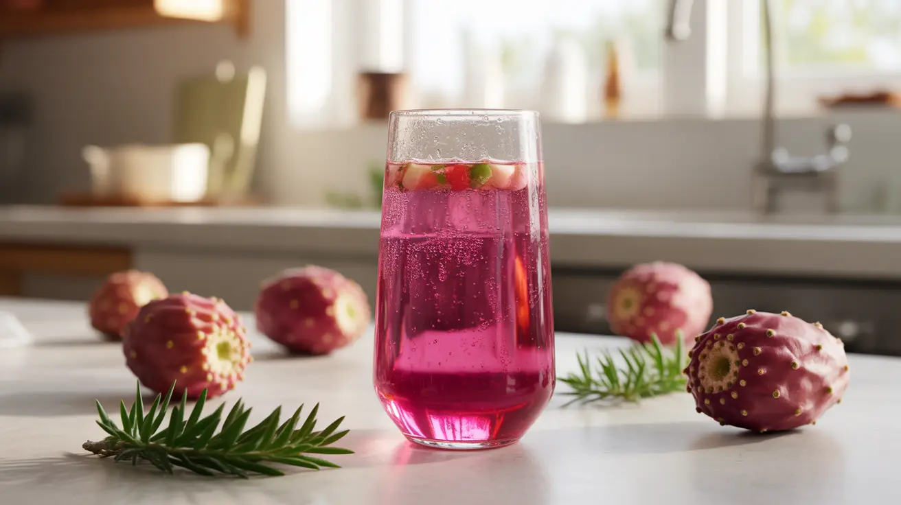 Close-up view of a glass of vibrant cactus water on a bright kitchen counter, surrounded by fresh prickly pear fruits and green leaves