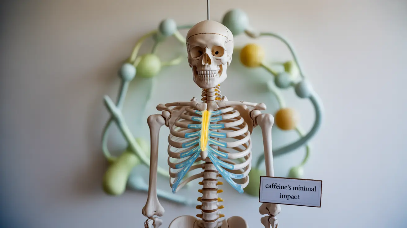 Teenage skeleton illustration showing caffeine effects on calcium absorption with nutritional background, educational style