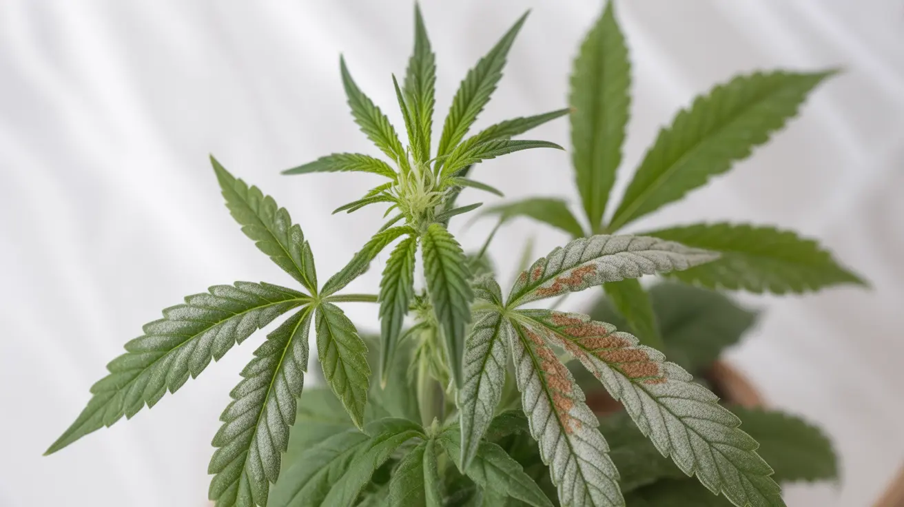 Detailed illustration of cannabis leaves showing mold indicators like white fuzzy growth and powdery coating, set against a clear background.