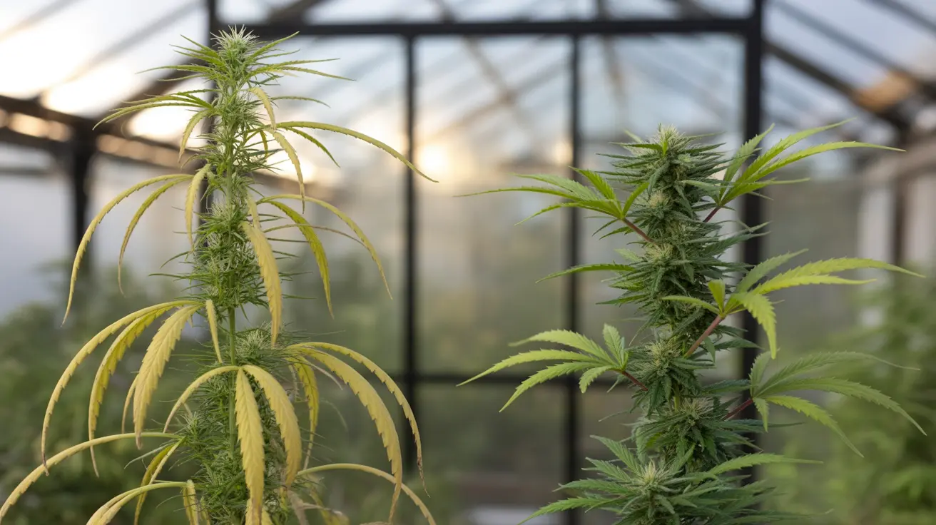 Illustration of cannabis sativa and indica plants side by side, with tall sativa on the left and bushier indica on the right, highlighted by bright sunlight.