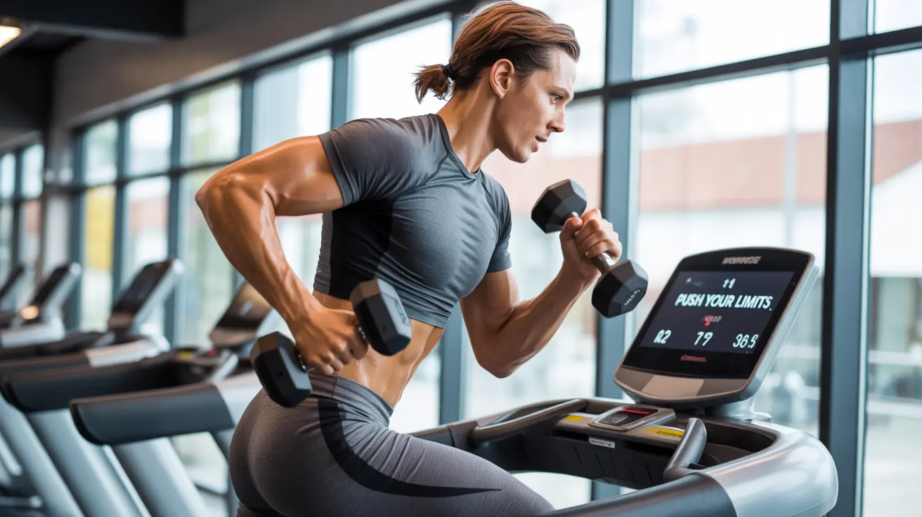 Person running on a treadmill and lifting weights in a modern gym, with bright natural lighting and diverse gym equipment in the background.