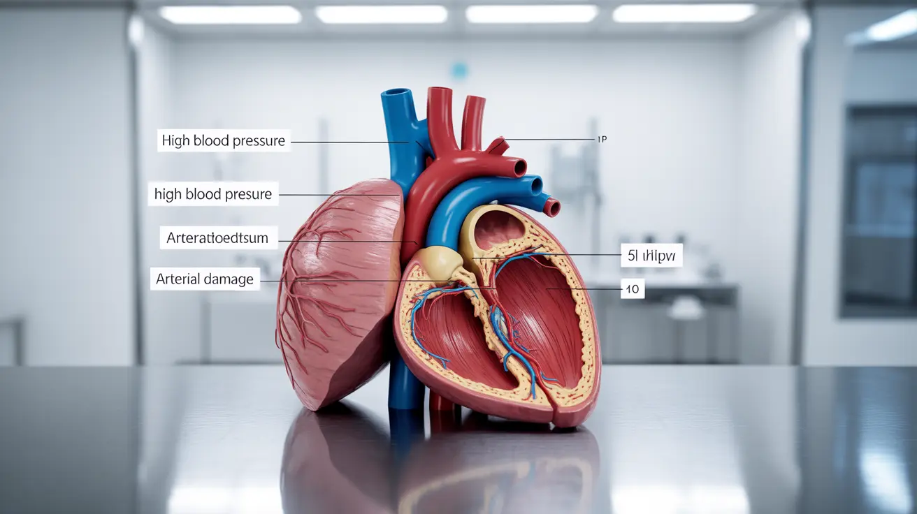 Detailed illustration of the human cardiovascular system highlighting features of uncontrolled hypertension, labeled elements indicating high blood pressure effects, set against a clinical background.