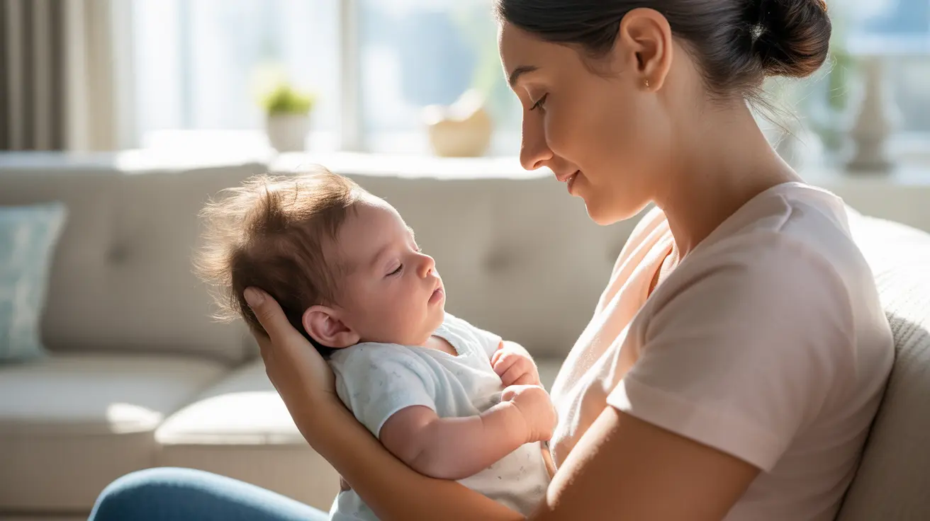 Caregiver gently holding a baby in a cozy home setting, looking concerned while checking for signs of dehydration in bright natural daylight