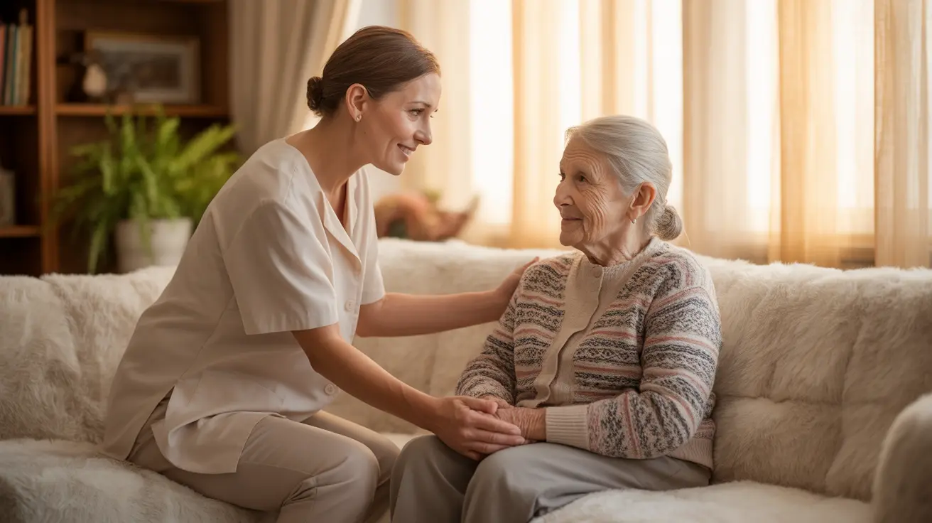 Detailed illustration of caregiver helping senior individual seated on couch after a fall, ensuring safety and comfort in a warm home setting.