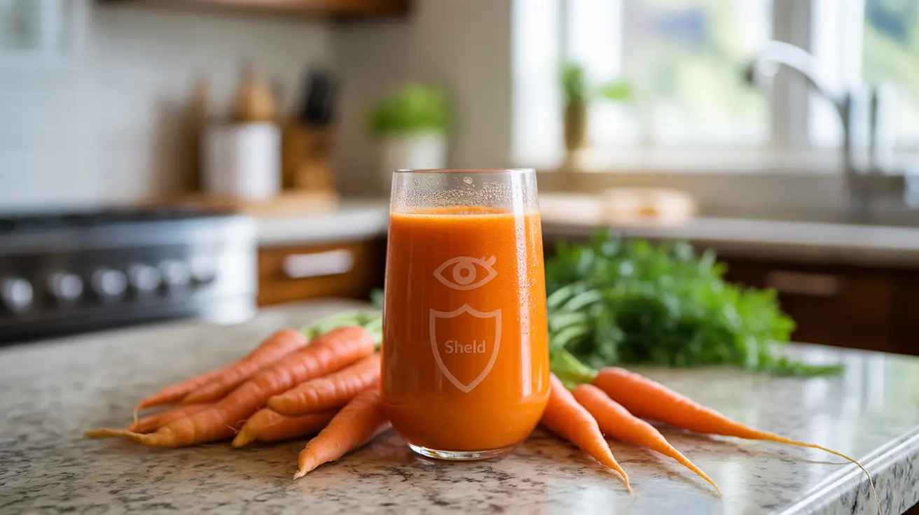 Realistic close-up of vibrant glass of carrot juice on a kitchen counter with fresh carrots, health symbols suggesting immune support and eye health benefits
