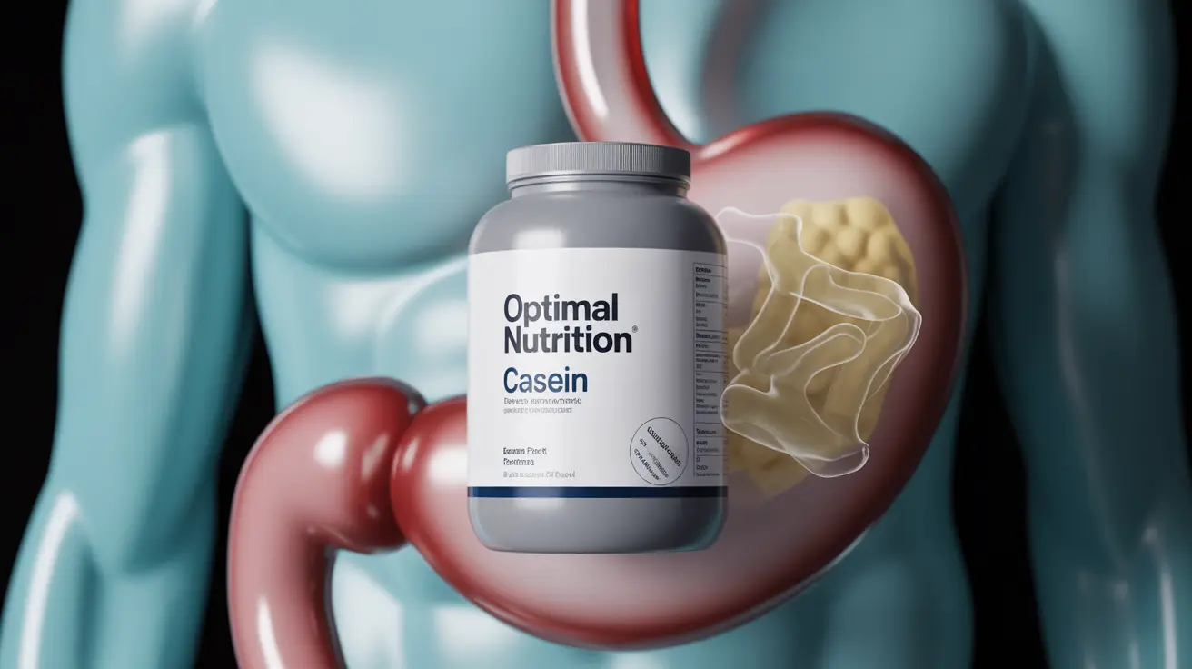 Detailed illustration of a casein protein supplement container with a diagram showing its gel-like formation in the stomach against a human digestive system background