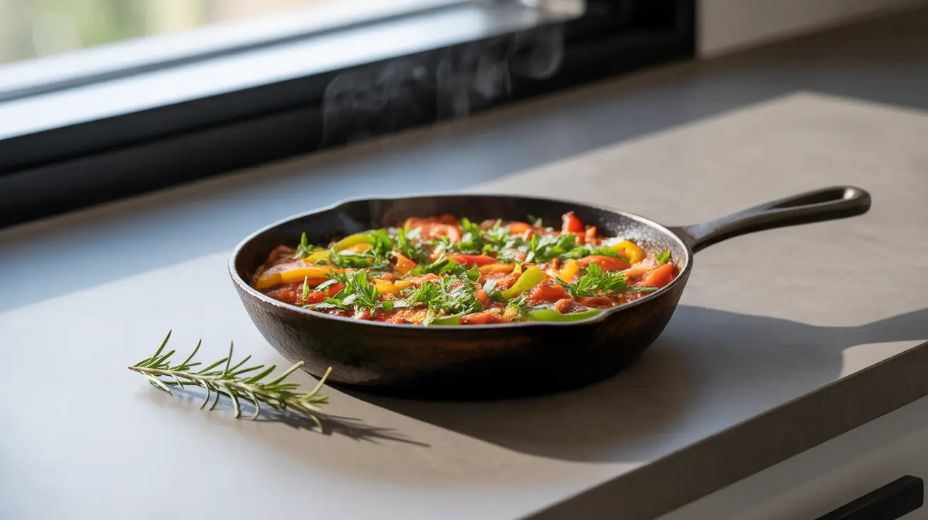 Realistic photograph of a cast iron skillet on a modern kitchen counter with colorful dish including tomato sauce and leafy greens, showcasing cooking benefits