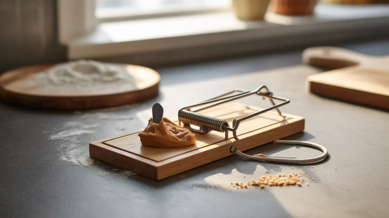 Detailed illustration of a clean kitchen countertop with a catch-and-release mouse trap set up, baited with peanut butter, soft natural light illuminating the scene.