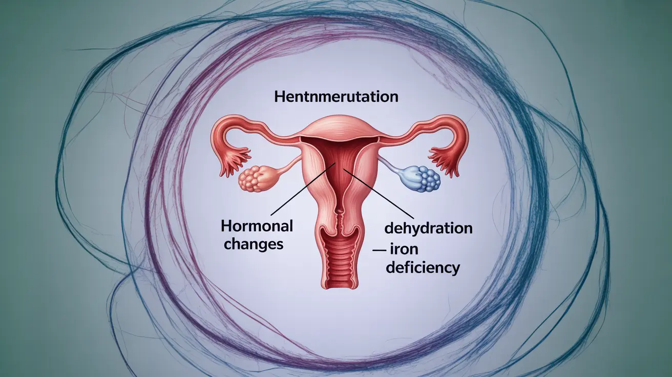 Detailed illustration showing causes of faintness during menstruation, including hormonal changes, dehydration, and iron deficiency, set against an abstract background representing the human body, with bright colors and clear labels.