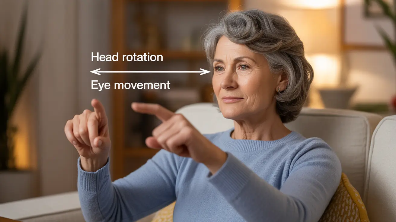 Person seated in home demonstrating Cawthorne exercises with head and eye movements, step-by-step arrows and clear lighting