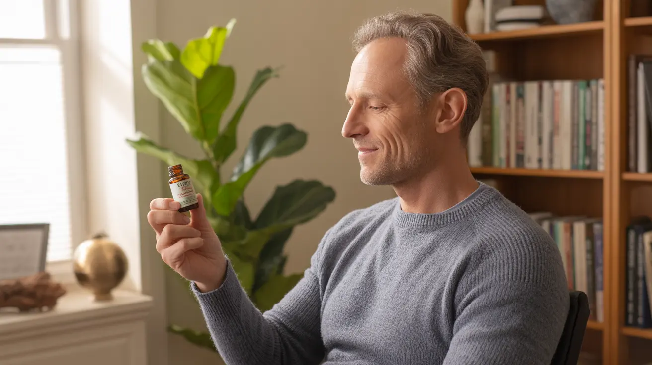 Middle-aged person examining a CBD oil bottle in a cozy home office with a healthcare professional, surrounded by wellness books and plants