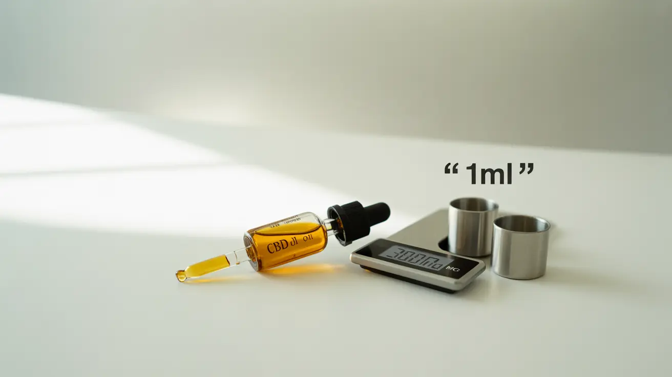 Detailed illustration of a CBD oil dropper surrounded by measurement tools like a scale and measuring cups, showing dosage calculations on a clean white background.