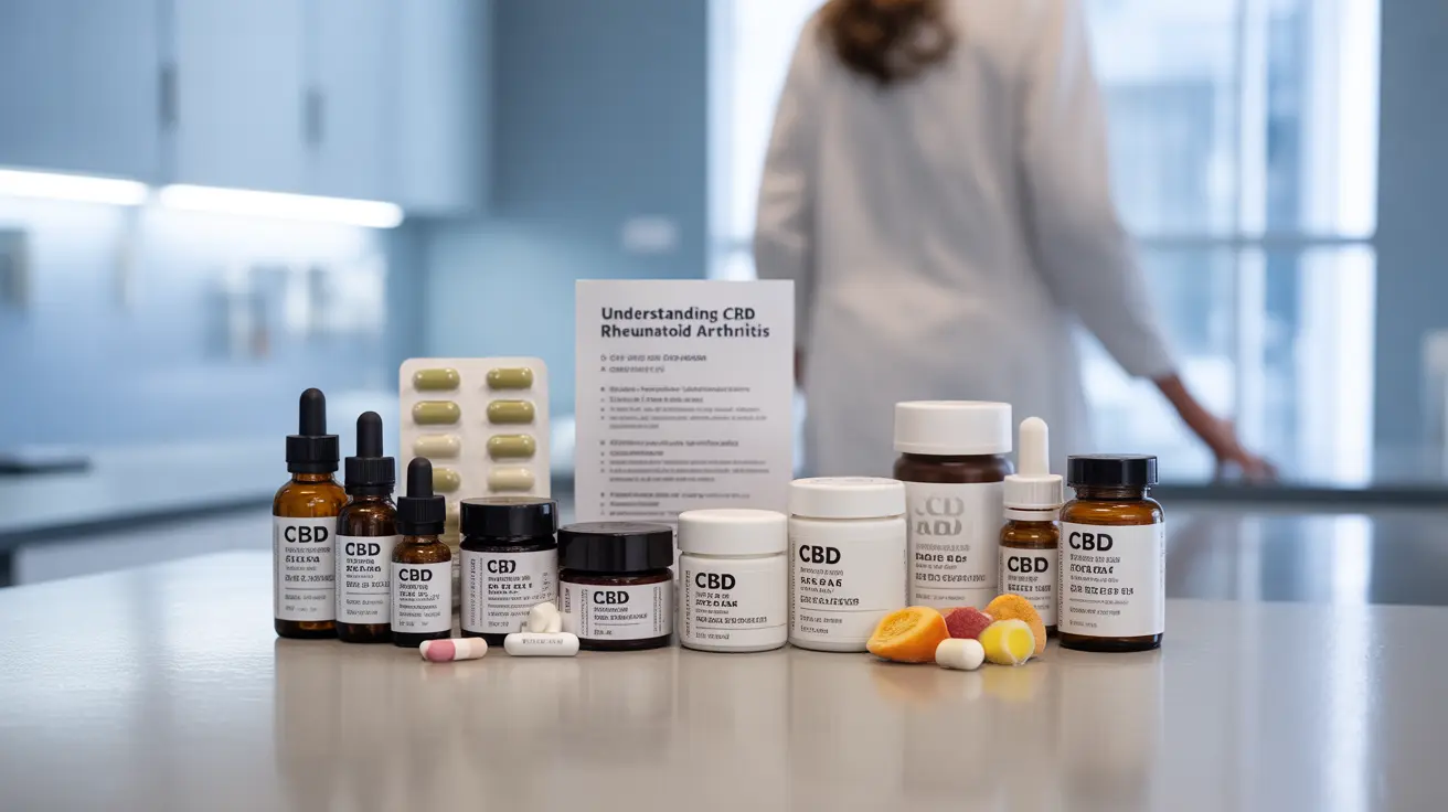 Detailed illustration in a clinical setting showcasing different forms of CBD products for rheumatoid arthritis, including oils, creams, capsules, and edibles.