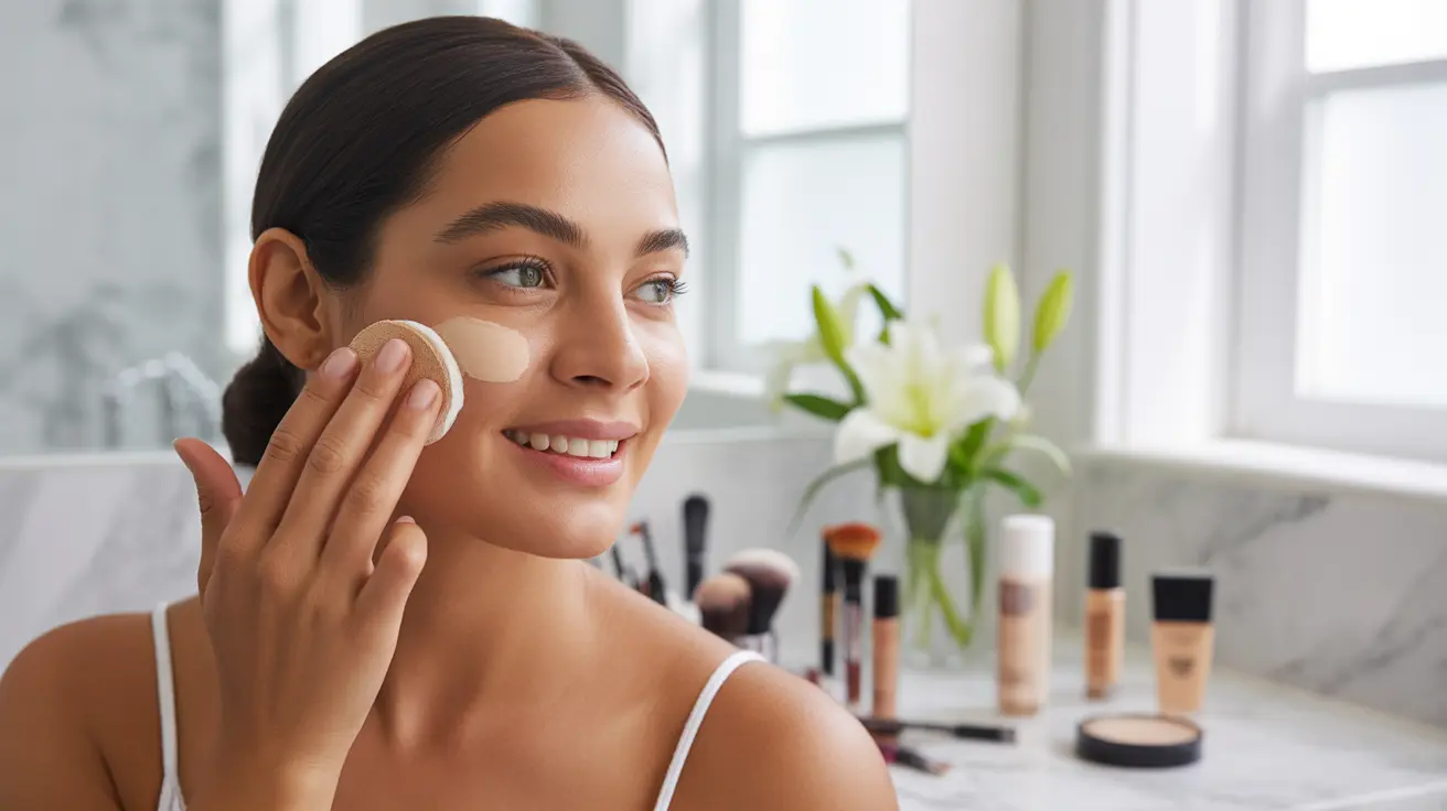 Person with medium skin tone applying CC cream to their face in a bright bathroom, with makeup products visible in the background.