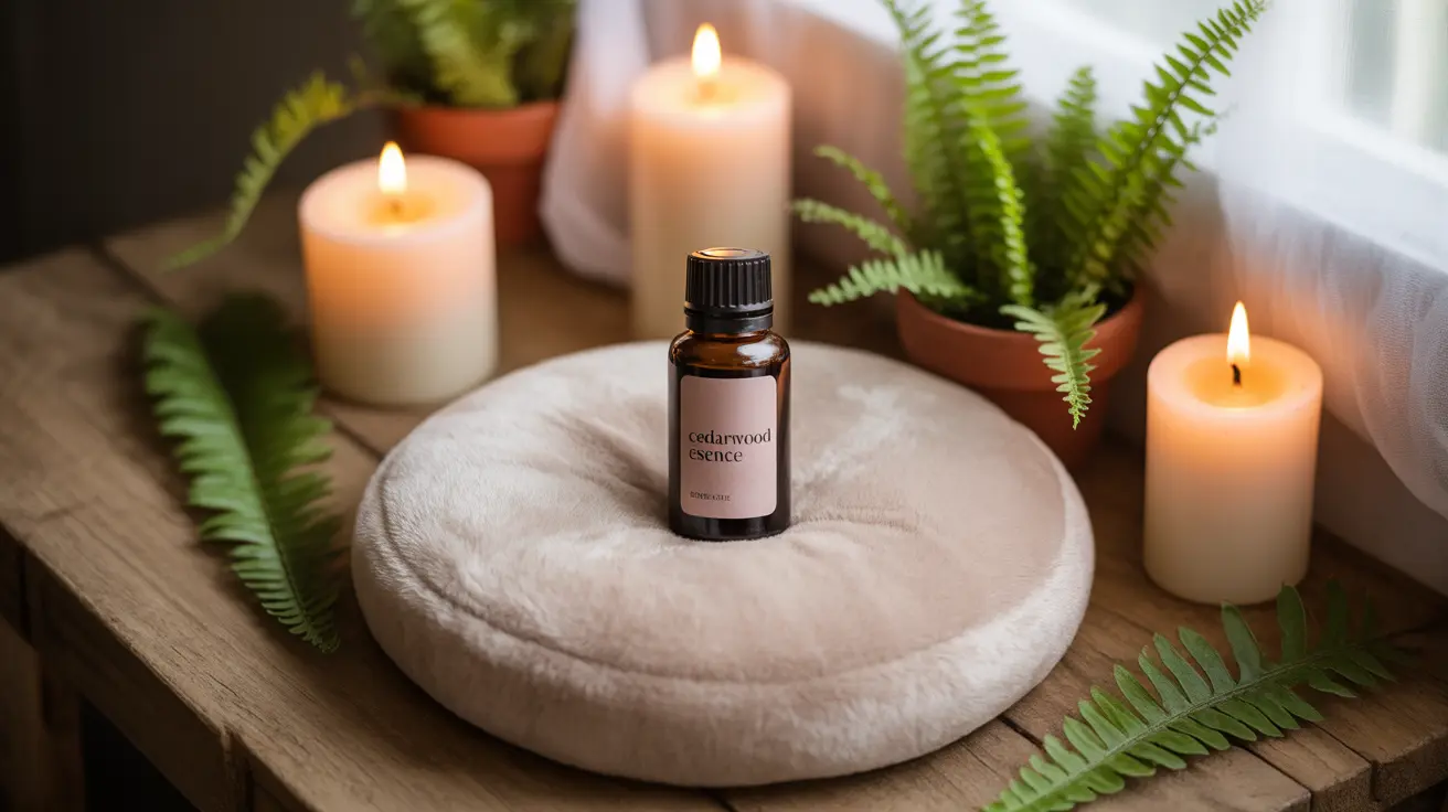 A bottle of cedarwood essential oil on a soft cushion surrounded by candles and indoor plants, creating a relaxing atmosphere.