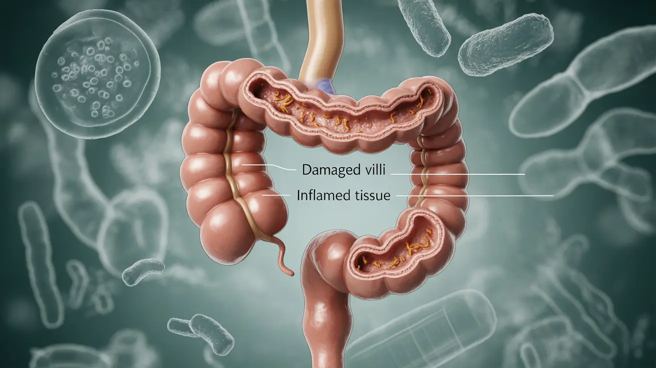 Detailed illustration showing infant's small intestine damaged by celiac disease from gluten, with medical labels and abstract backdrop.