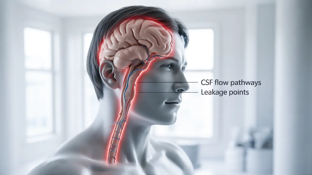 Detailed anatomical illustration showing cerebrospinal fluid flow around the brain and spinal cord with highlighted areas for leaks, bright clinical background with clear labels.