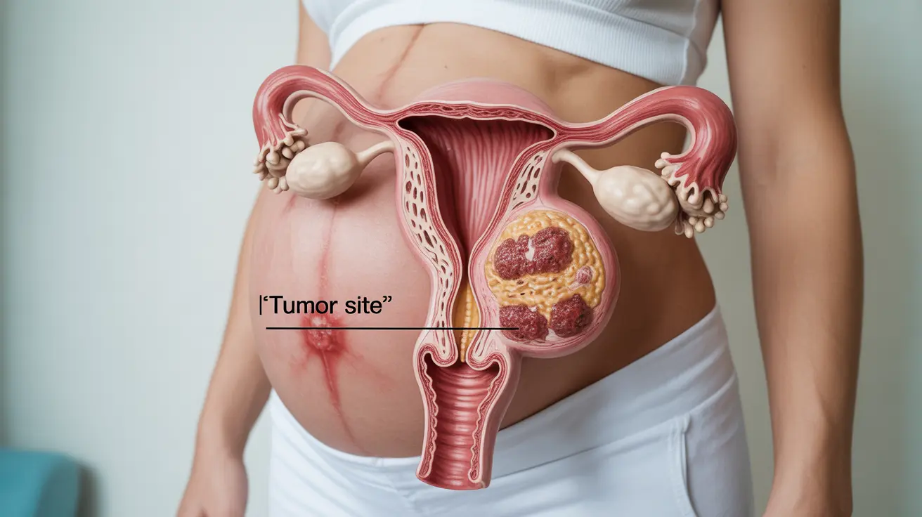Illustration of pregnant woman's body showing uterus and cervix affected by cancer, with anatomical labels on white background