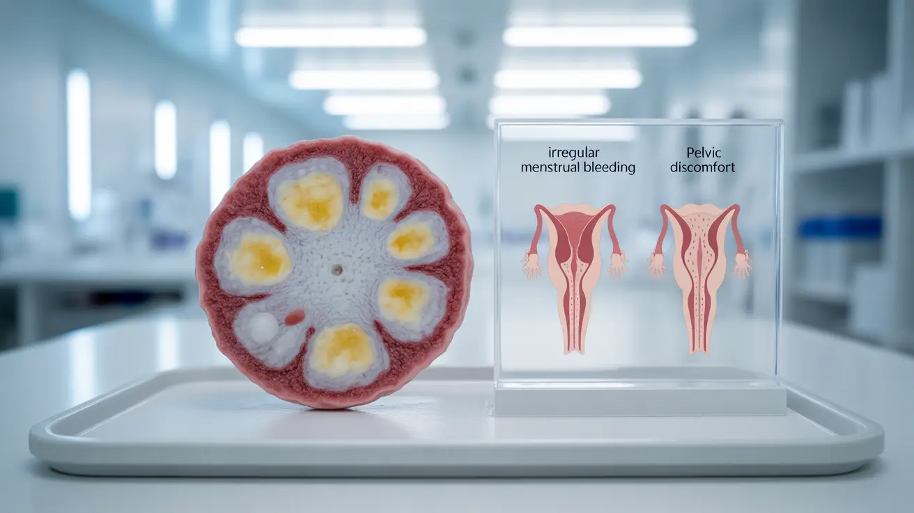 Detailed illustration depicting various types of cervical polyp discharge characteristics such as yellow and white discharge, blood-tinged consistency, in a clean clinical setting.