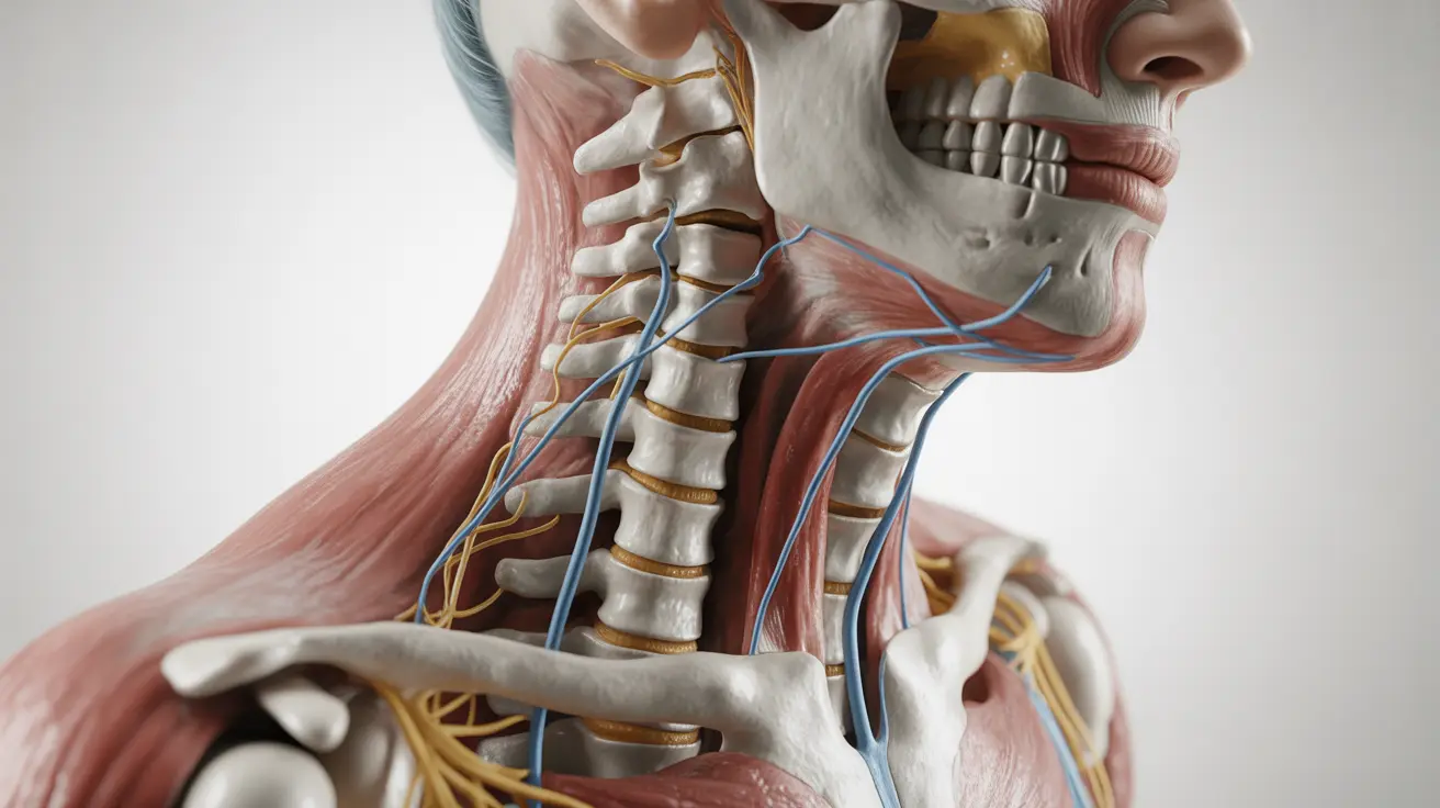 Detailed anatomical illustration of the cervical spine illustrating the effects of multiple sclerosis on neck pain, with clear labeling of nerves and muscles.