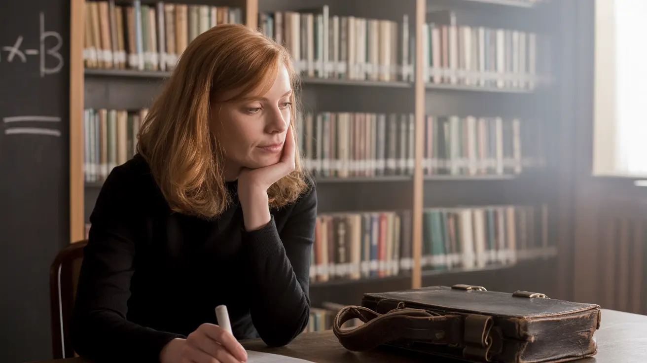 Person sitting indoors holding a piece of chalk, looking contemplative in an educational setting with supportive mood