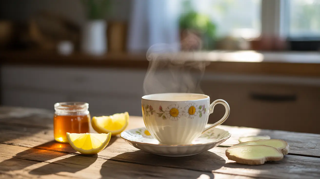 A steamy cup of chamomile tea on a wooden table surrounded by honey, lemon slices, and ginger, emphasizing natural soothing properties.