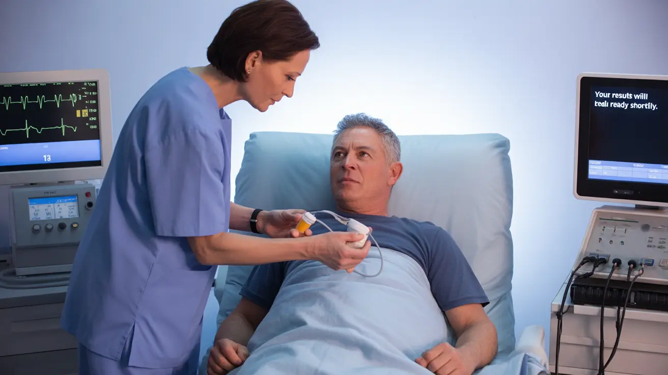 Healthcare provider administering chemical stress test to a patient on a medical bed with diagnostic equipment in a bright clinical setting