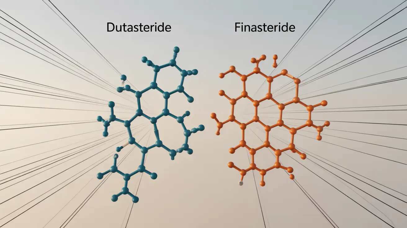 Detailed illustration showcasing the chemical structures of dutasteride and finasteride, depicting their mechanisms of action inhibiting 5-alpha reductase enzymes.