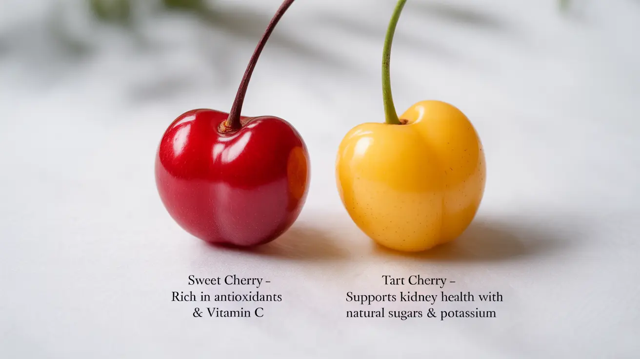 Illustration of sweet and tart cherries with labels showing potassium content and nutritional benefits on a minimalistic background