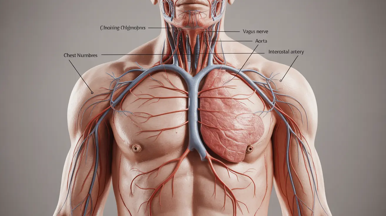 Detailed illustration, anatomical view of human chest highlighting nerves and cardiovascular pathways related to chest numbness, bright clinical lighting, educational style