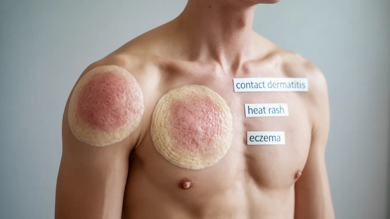 Illustration showing contact dermatitis, heat rash, eczema on chest with clear annotations